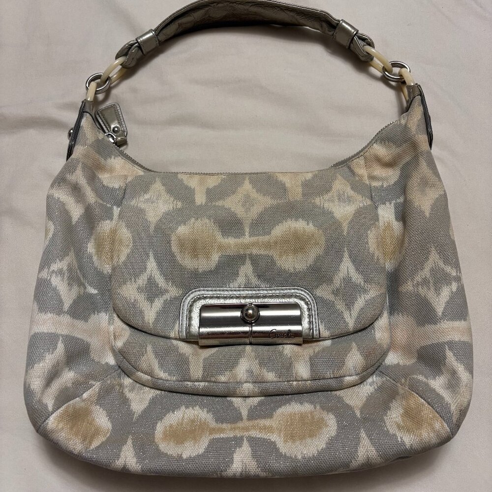 Coach Purse Kristin Op Art Ikat Print Hobo Bag Silver Gray Multi-color